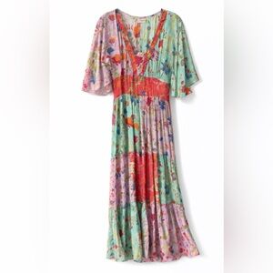 LulaSoul Patchwork Floral Tiered Midi Dress Smocked Waist Size S